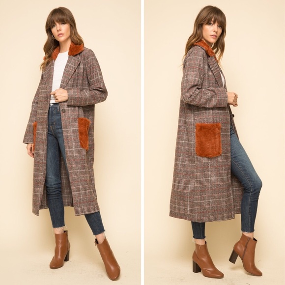 🆕 Fur Collar & Pocket Detail Plaid Maxi Coat
